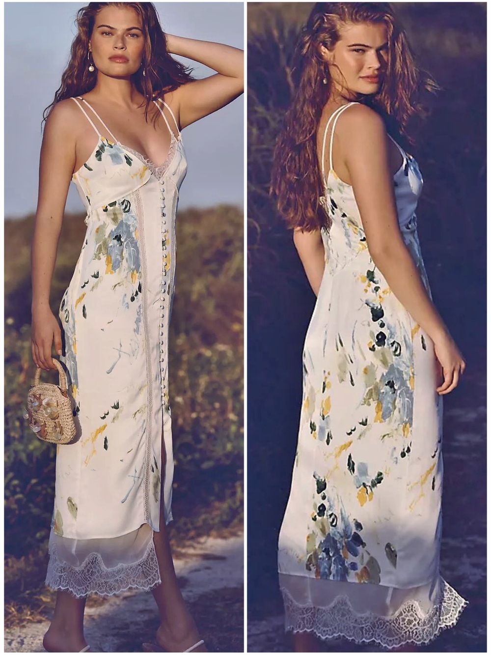 Anthropologie Watercolor Eyelash Lace Trim Button-Front Slip Dress Size 14